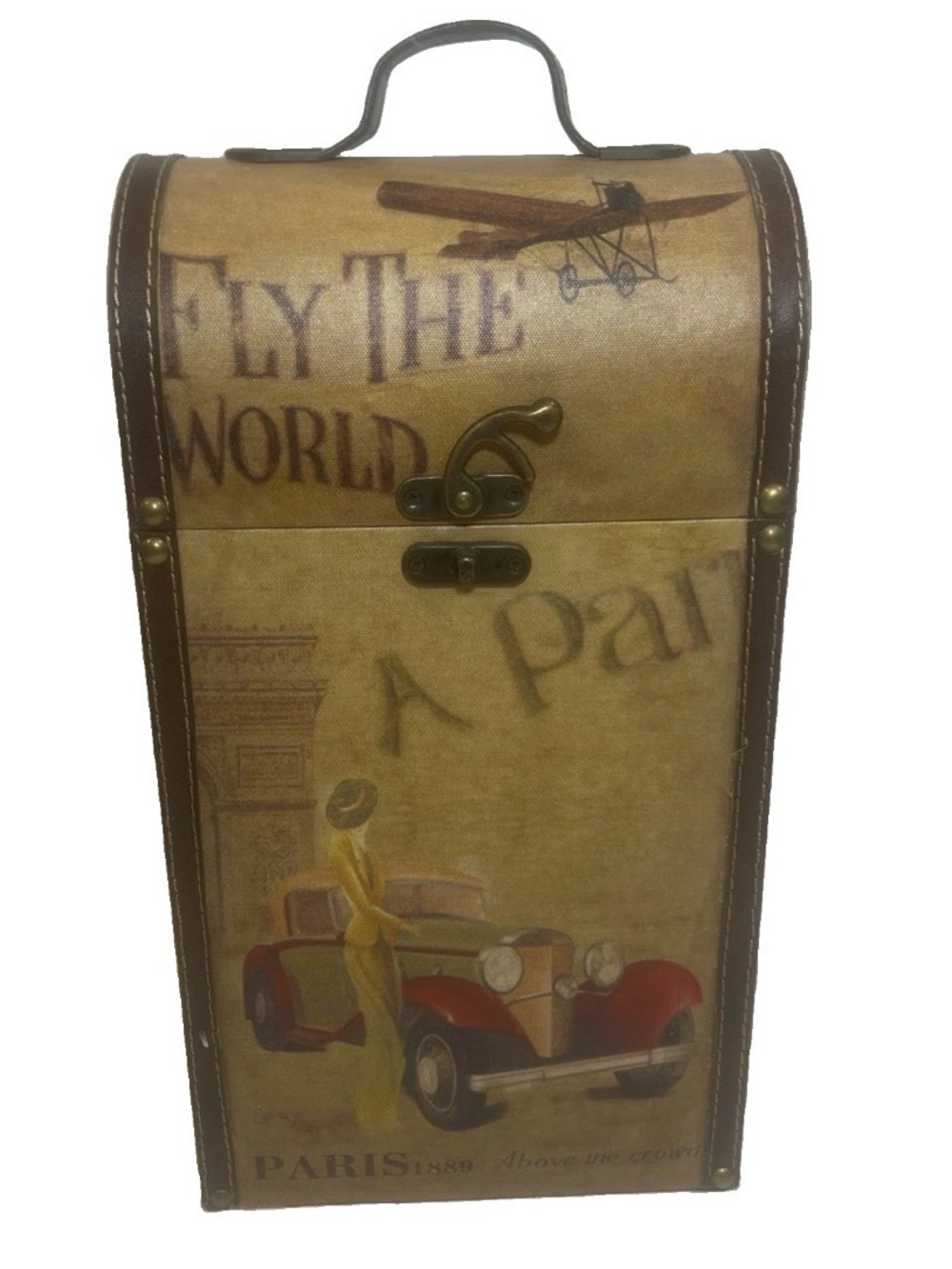 Paris Travel Theme 2 Bottle Wine Carrier Box Fly The World Wooden Storage Case